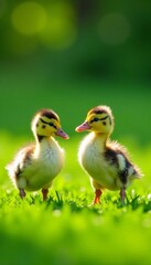 Two cute ducklings standing on green grass in a sunny environment.