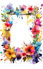 Vibrant Watercolor Floral Frame with Colorful Flowers and Paint Splatter