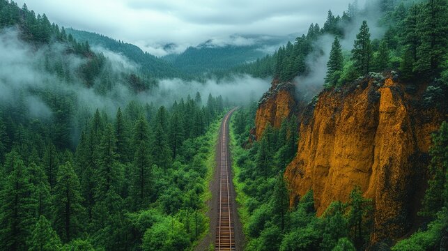 Scenic view of a railway cutting through lush green forests and misty mountains in the background