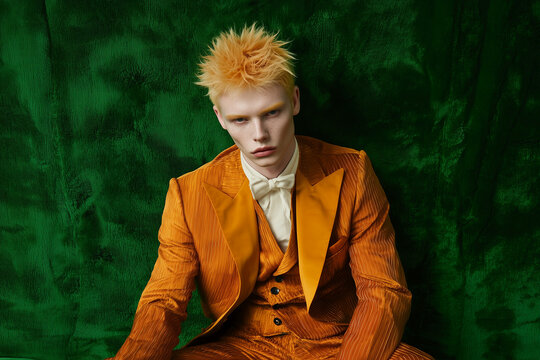 An elegant portrait featuring an albino androgynous person posing gracefully in front of a lush green velvet background. 