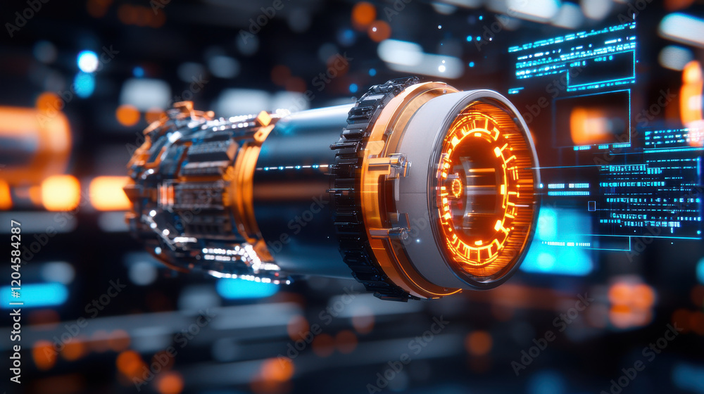 Poster cinematic shot of high tech spacecraft engine with glowing elements and digital interfaces, showcasi