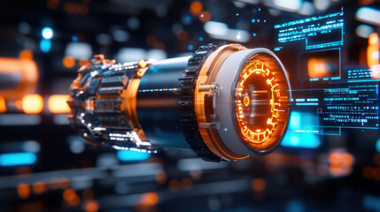 cinematic shot of high tech spacecraft engine with glowing elements and digital interfaces, showcasing advanced technology and futuristic design