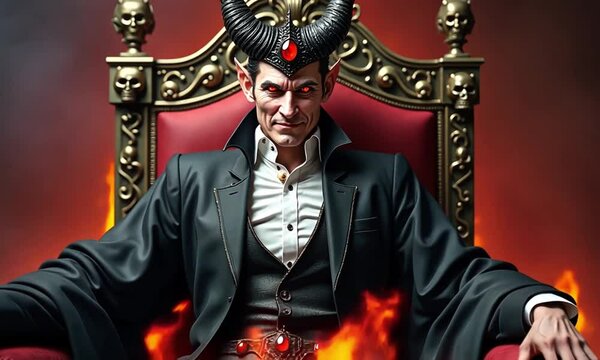 Dramatic depiction of Lucifer seated on a throne, symbolizing power, darkness, and mythological presence