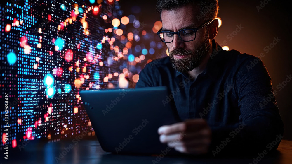 Leinwandbilder business professional analyzing data on tablet in dark environment, illuminated by colorful digital lights. scene conveys focus and concentration