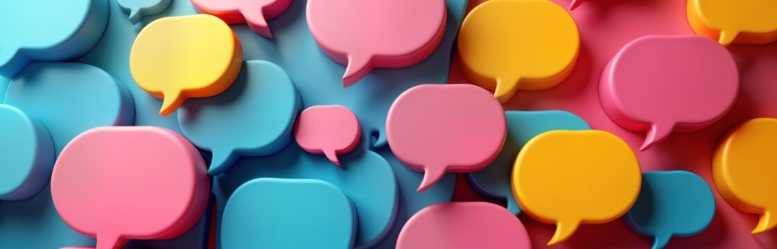 Colorful speech bubbles create vibrant visual representation of trending topics, hashtags. Digital graphic shows engaging online communication ideas for social media. Abstract design suggests social