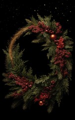 Dark Red Christmas Wreath with Evergreen Branches and Berries