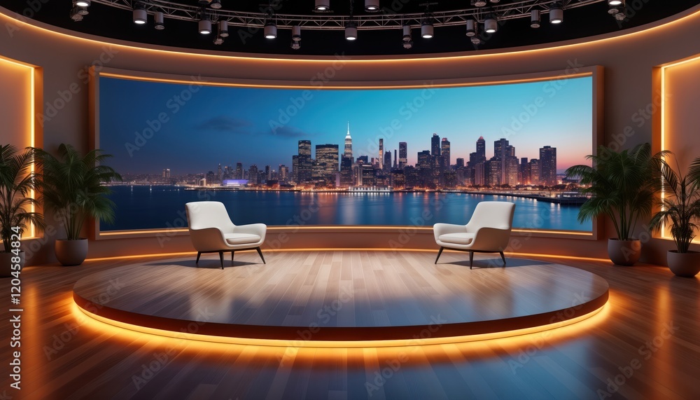 Poster Empty studio setting. Virtual studio setup for chroma footage. Modern design with city view. Suitable for news broadcasts video productions. Pro, elegant environment for interviews presentations.