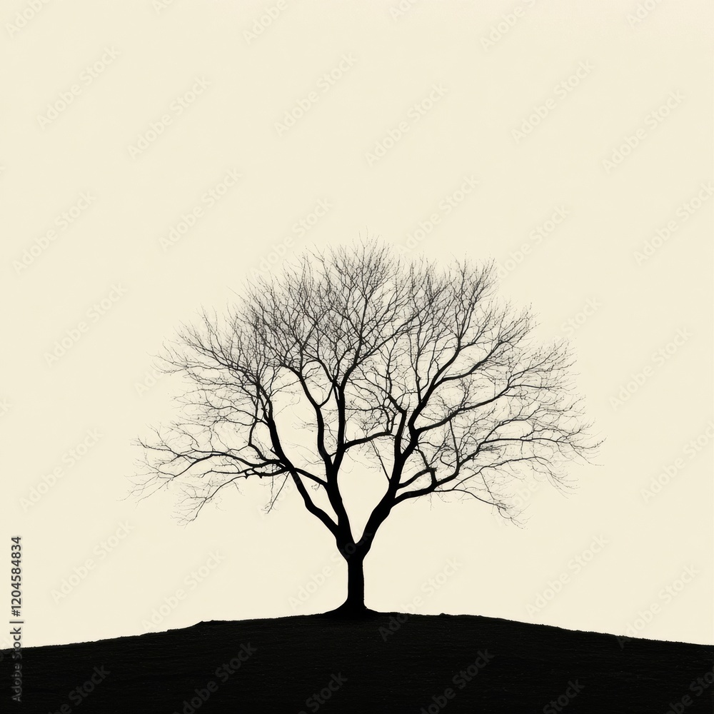 Poster silhouetted tree on a hill against a pale sky during twilight hours. generative ai