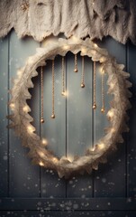 Elegant Gold Christmas Wreath with Lights and Fur Decor on Wooden Door