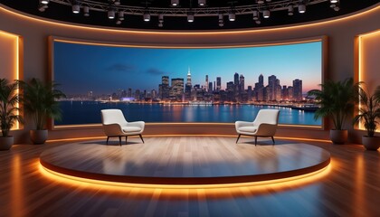 Empty studio setting. Virtual studio setup for chroma footage. Modern design with city view. Suitable for news broadcasts video productions. Pro, elegant environment for interviews presentations.