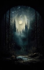 Enchanted Forest Night Scene with Full Moon and Misty Trees