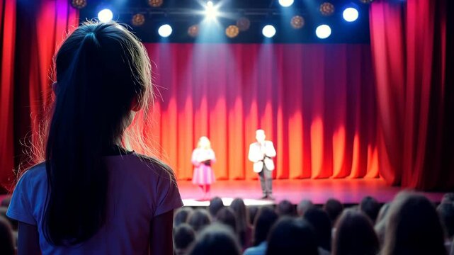Young audience member watches performers on stage during a live talent show in a theater