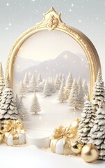 Golden Christmas Ornament and Gift Boxes on Winter Snowy Landscape with White Trees