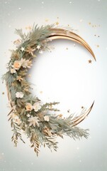 Golden Crescent Moon Floral Arrangement with Stars, Botanical Design