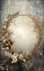 Golden Floral Frame with Full Moon and Starry Night Sky, Mystical Art