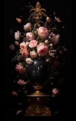 Opulent Still Life Baroque Vase with Pink Flowers and Gold Accents