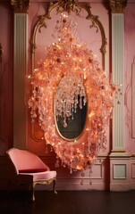 Pink Room Interior with Crystal Chandelier and Elegant Chair