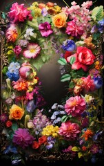 Vibrant Floral Arrangement in Antique Frame, Luxurious Still Life of Colorful Flowers