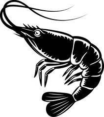 Illustration of shrimp in monochrome style. Shrimp in logo style. Design element for logo, emblem, sign, badge, poster. Vector illustration