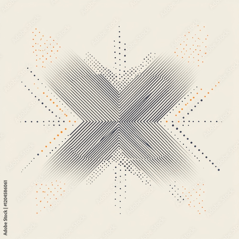 Poster intricate geometric design featuring contrasting lines and dots in shades of black and orange on a l