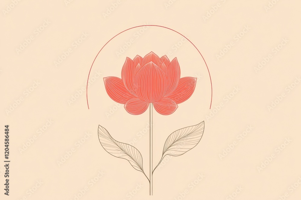 Aufkleber Delicate red lotus flower illustration on a soft beige background showcasing intricate line work and subtle geometric shapes. Generative AI