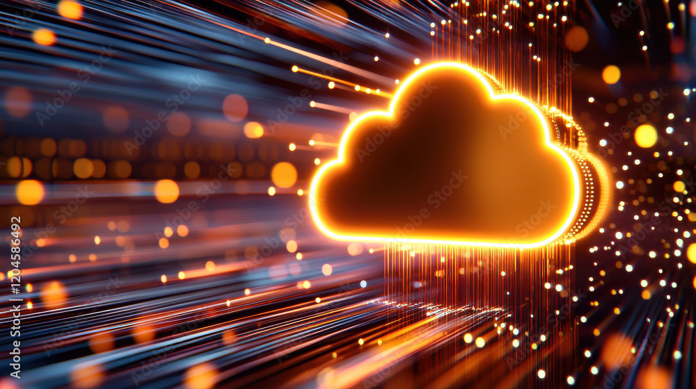 Poster cinematic view of cloud system with data flowing, showcasing vibrant colors and dynamic movement. th