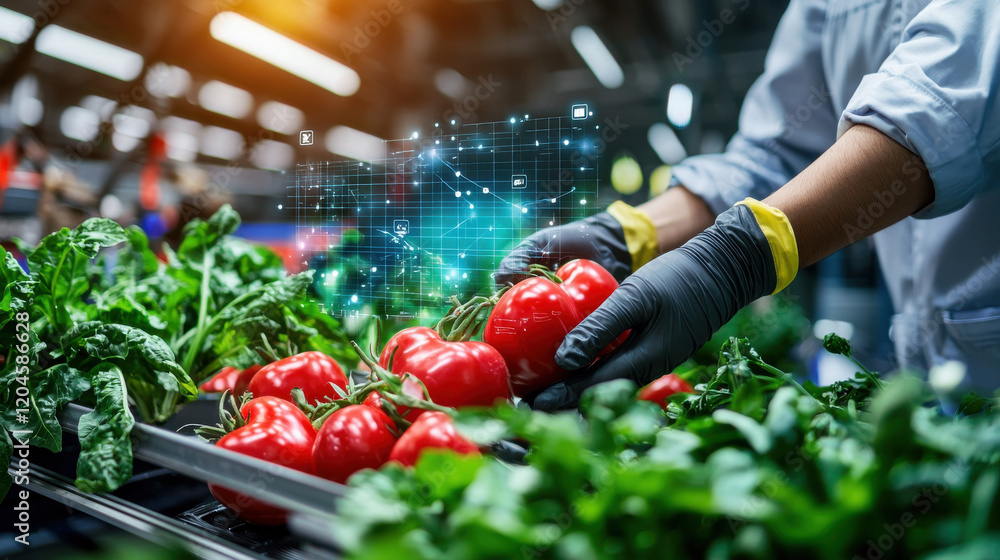 Aufkleber person wearing gloves inspects fresh tomatoes and spinach in modern agricultural setting, with digit