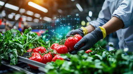 person wearing gloves inspects fresh tomatoes and spinach in modern agricultural setting, with digital interface overlay showcasing data analysis and monitoring