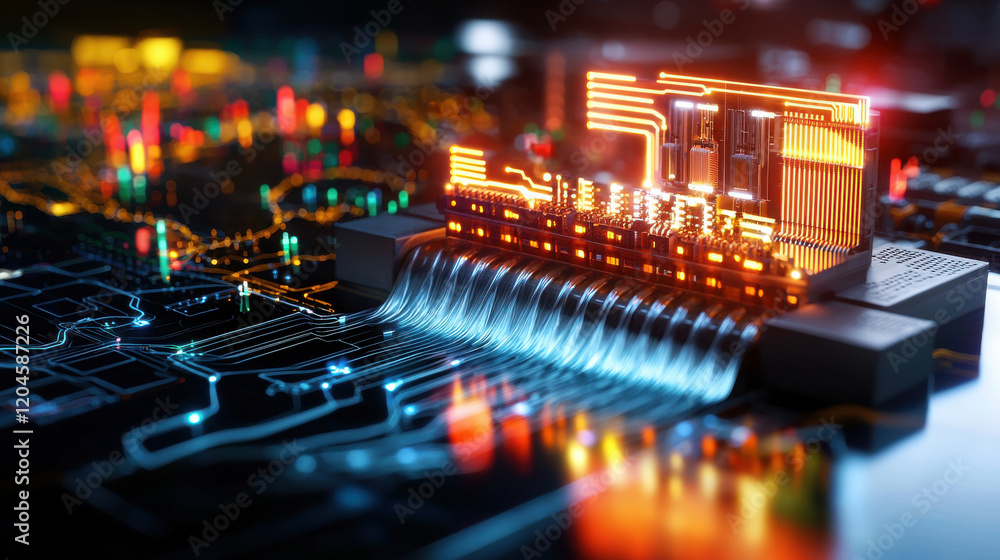 Poster futuristic circuit board with glowing components and flowing data streams, showcasing advanced technology and innovation