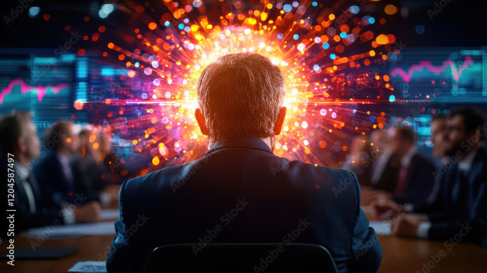 Aufkleber business meeting with focus on leader, surrounded by data visuals and vibrant energy. atmosphere con