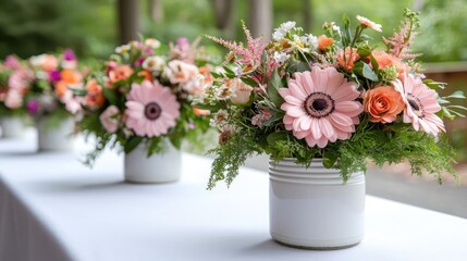 Fototapeta premium Peach gerbera daisies in white vases, outdoor event. Floral arrangements decorate a table. Use Wedding, event decor