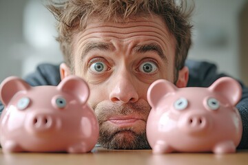 A man looks perplexed between two pink piggy banks, expressing confusion or concern about finances.
