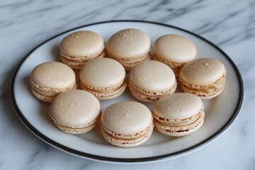 Obraz premium Delicious Beige Macarons on White Plate, Sweet French Pastry, Closeup Photography