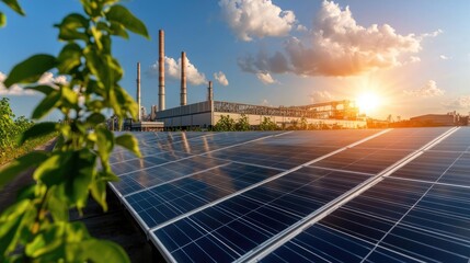 Solar panels generate clean energy near factory at sunset.  Use Renewable energy solutions