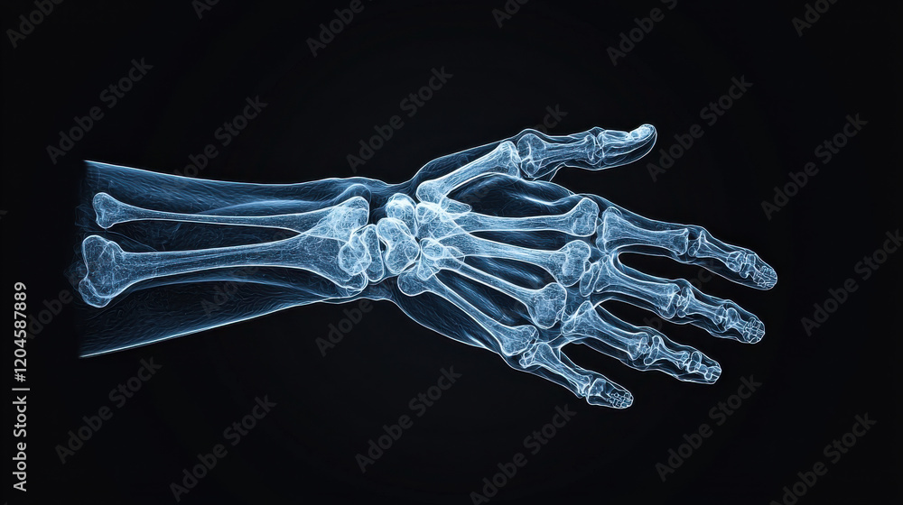 Poster clinical x ray scan of human hand and wrist, showcasing detailed bone structure and anatomy. this hi
