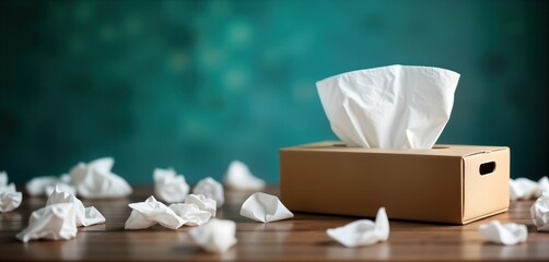 Tissue box with used tissues. Crumpled tissues on wooden table. Cold, flu concept. Seasonal sickness. Hygiene, health care shown. Image suitable for health care products seasonal illness prevention.