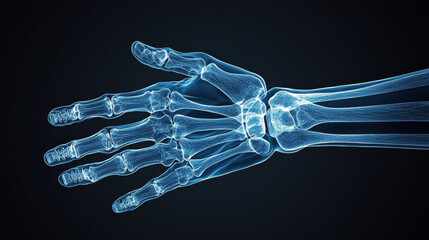 X ray image of human hand and wrist, showcasing bone structure and joints. This detailed view highlights anatomy, useful for medical analysis and education