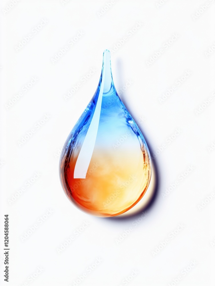 Poster close up of a colorful water droplet reflecting hues of blue and orange against a clean background. 