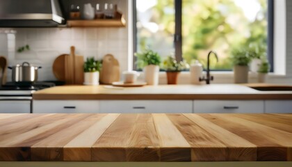 Wooden kitchen countertop surface on blurred kitchen background. Empty table mockup for displaying products