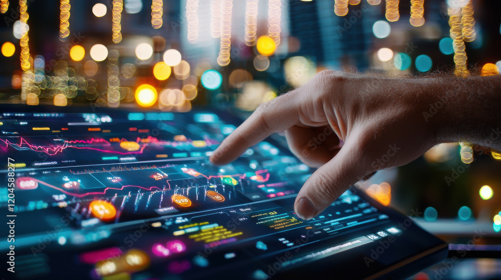 Fototapete close up of financial analyst interacting with digital interface displaying data analytics and graphs, showcasing advanced technology in modern setting