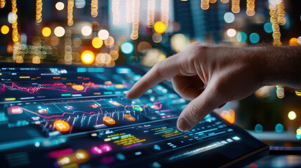 close up of financial analyst interacting with digital interface displaying data analytics and graphs, showcasing advanced technology in modern setting