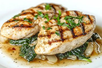Grilled chicken breast, spinach, onions, plate, studio, healthy meal.