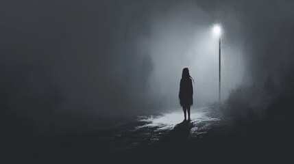 Foggy night, lone girl, streetlight, mystery, thriller art