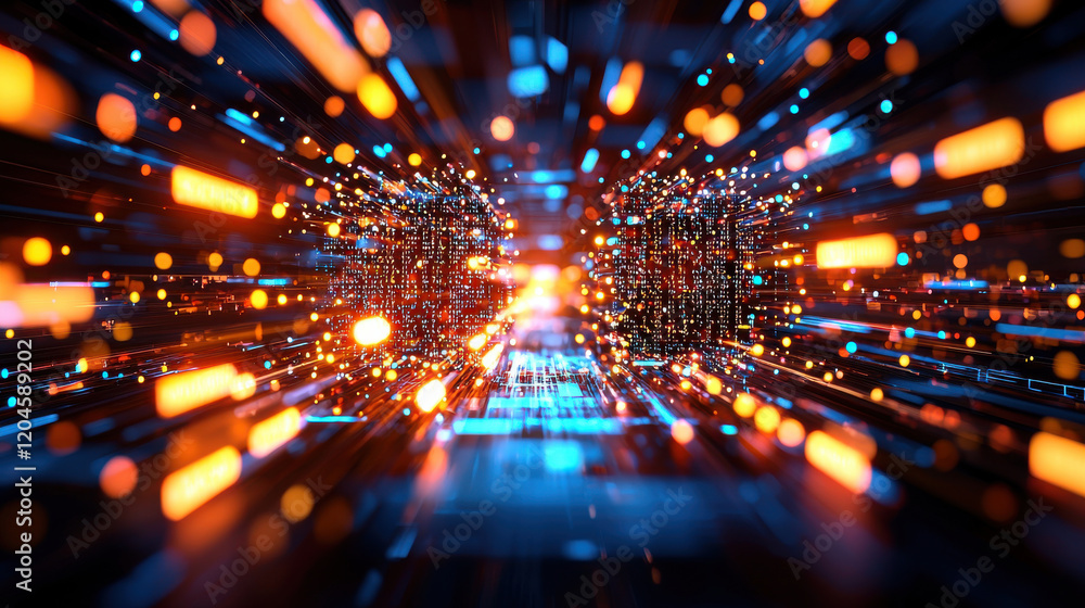 Poster vibrant digital landscape with glowing particles and data streams, creating sense of depth and motion. This represents technology, innovation, and connectivity