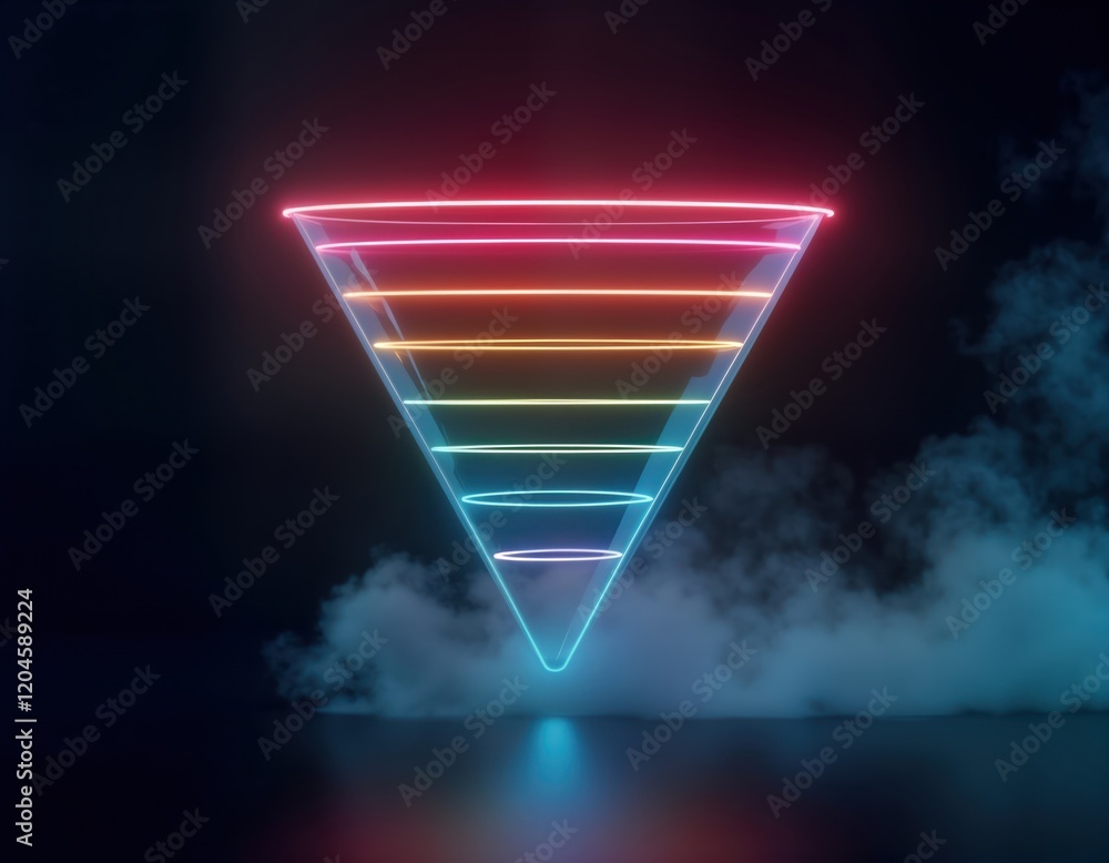 Poster Futuristic neon funnel design with vibrant glowing lines. Abstract shape with rainbow colors, dynamic light effect. Modern tech design concept. Holographic funnel in dark background with smoke.