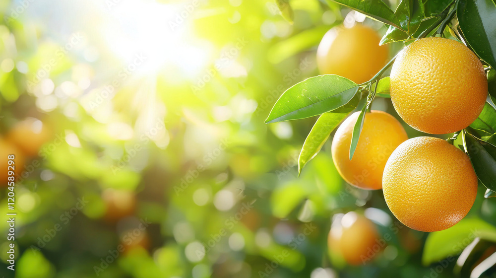 Aufkleber fresh oranges hanging on tree, illuminated by sunlight, surrounded by green leaves, creating vibrant