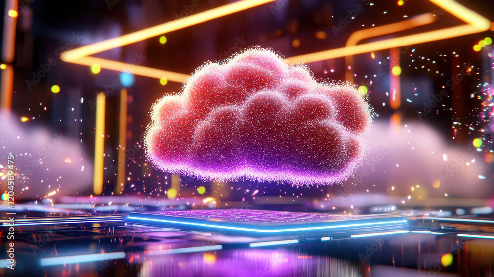 Leinwandbilder futuristic 3d illustration of glowing cloud with digital effects, surrounded by vibrant lights and p