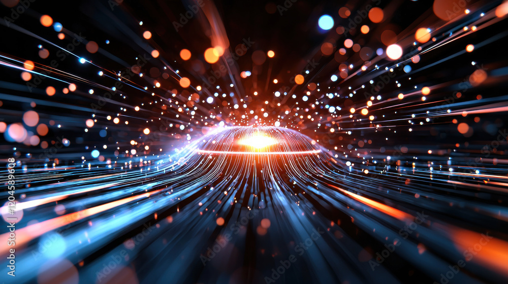 Poster Futuristic digital representation of light trails and particles creating dynamic network effect. vibrant colors and motion evoke sense of energy and innovation
