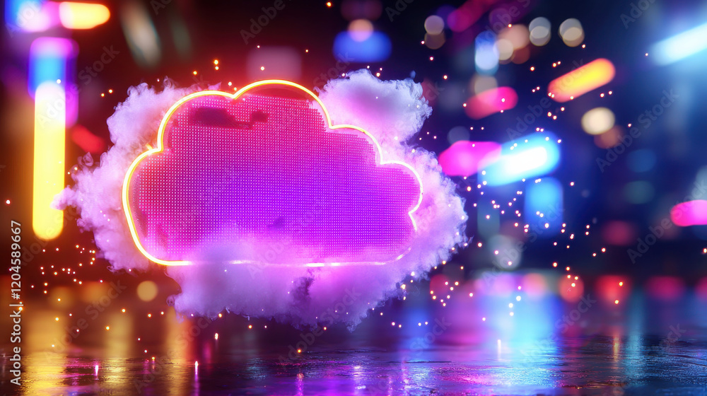 Poster vibrant cloud network representation with neon lights and colorful bokeh effects creates futuristic 