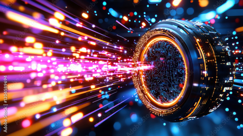 Aufkleber Futuristic 3D representation of cloud network with vibrant light trails, showcasing advanced technology and digital connectivity. image evokes sense of innovation and speed